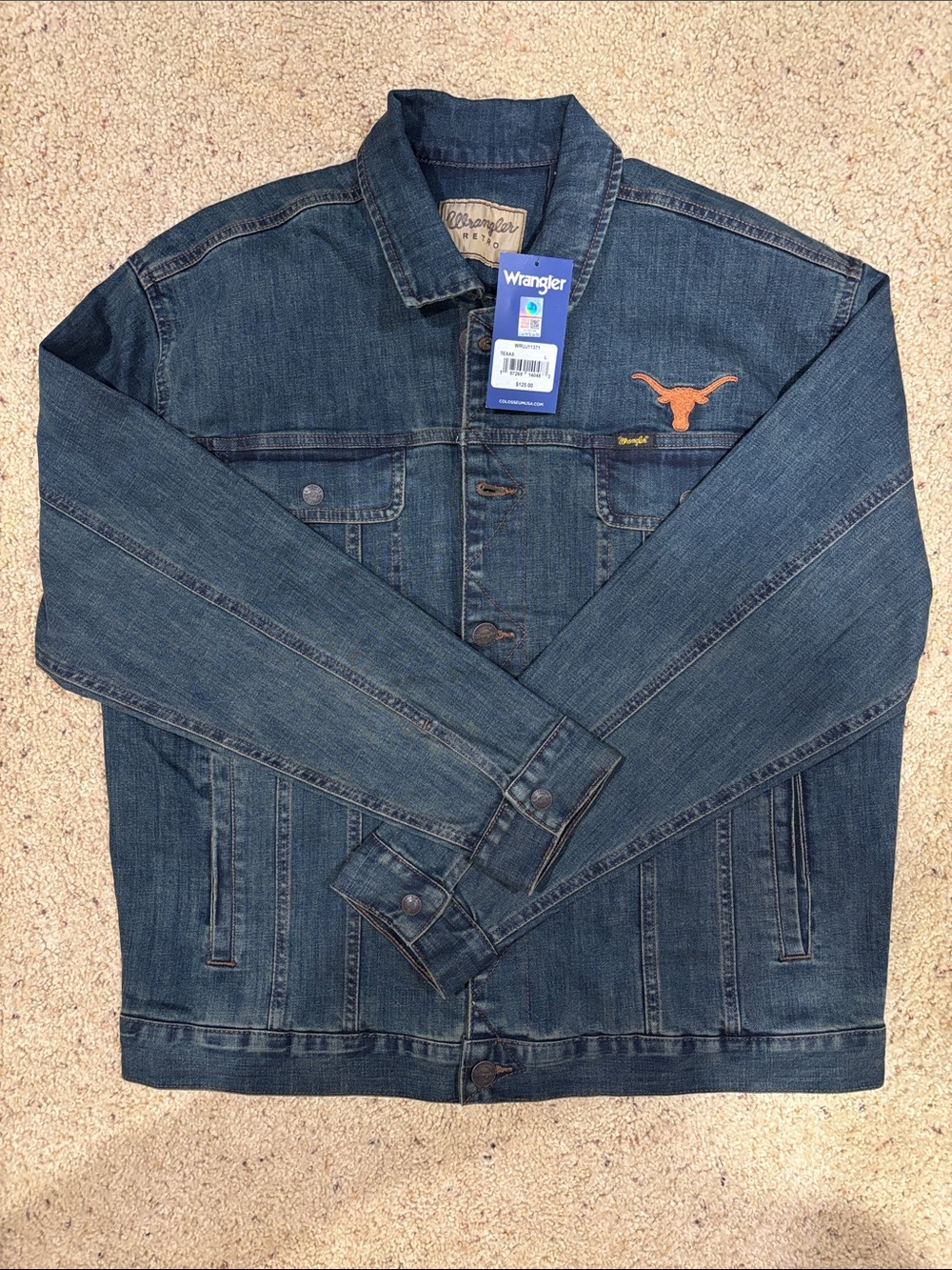 Wrangler Men’s Indigo Denim Jacket with Orange Longhorn Patch
